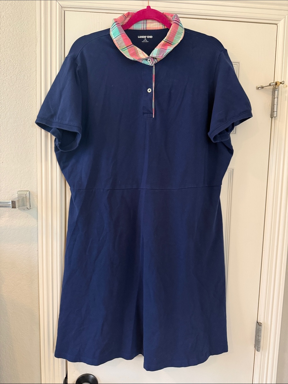 Lands' End Navy Polo Dress with Pink & Green Plaid Collar
